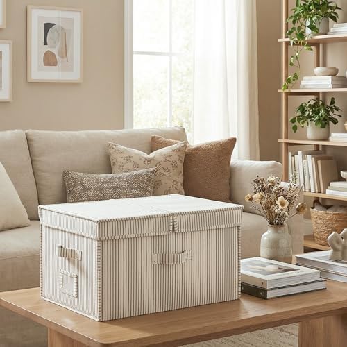 StorageWorks Large Decorative Storage Boxes with Lids, Khaki&Beige Stripes