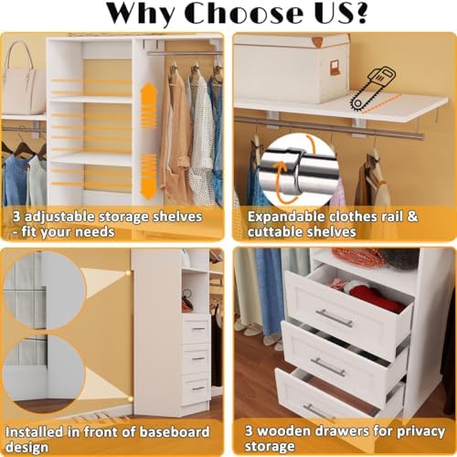 Dilando Closet Organizer System with Drawers, 5FT - 7.61FT Closet Shelving System Walk in Wood Corner Closet Storage System with 4 Shelves Custom Hanging Rods Heavy Duty Wall Mount, White