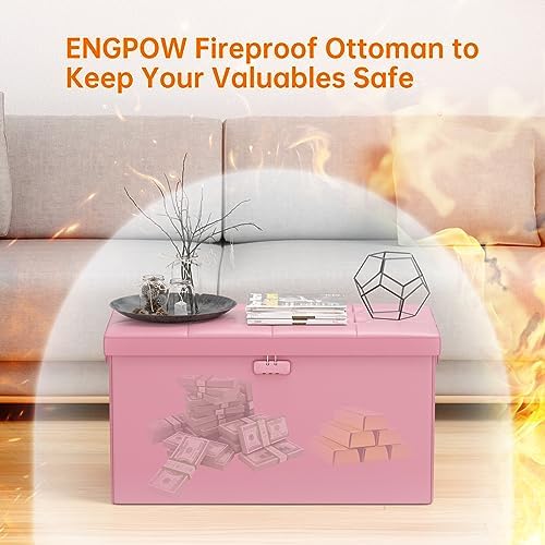 ENGPOW Storage Ottoman Bench,Fireproof Folding Bench with Lock,30 Inches Fire&Water Resistant Storage Chest Foot Rest Stool Leather Bedroom Ottoman Safe for Documents,Valuables, Pink