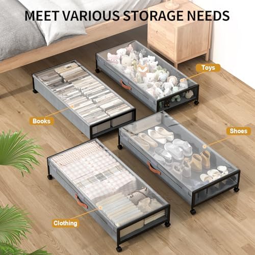 Under Bed Storage Containers with Wheels Large Underbed Shoes Blankets Clothes Toy Storage Drawers for College Dorms Bedrooms Nursery Rooms Organization (Grey 2 Pack, 7.5in height(36"x16.6"x7.48"))