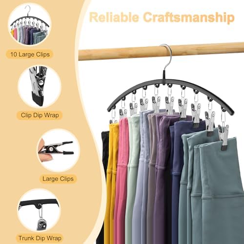 Volnamal Legging Organizer for Closet,2 Pack Metal Yoga Pants Hangers w/10 Clips Hold 20 Leggings,Space Saving Hanging Closet Organizer Clothes Hanger College Dorm Essentials Apartment Essential,Black