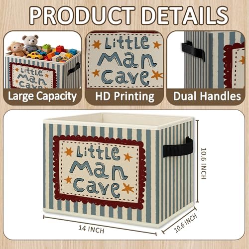 Boy Nursery Playroom Cube Storage Bins with Handles, Little Man Cave Blue Striped Collapsible Fabric Storage Basket Boxes Toys Books Clothes Organizer for Kids Boys Room Bedroom Bathroom