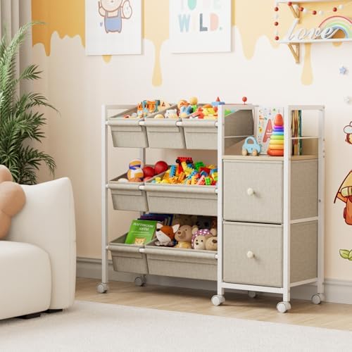 Modanais Kids Toy Organizers and Storage Bins, Off White | 7 Storage Bins + 2 Fabric Drawers + 1 Bookshelf, Playroom Storage, Organizer for Toy, Clothes, Blankets and Books