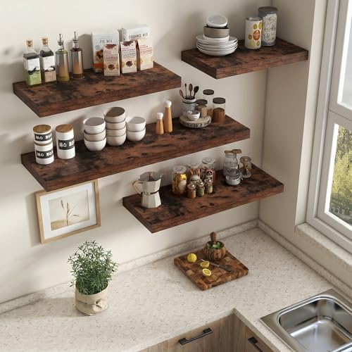 Vivelove Deep Floating Shelves 36x12” Set of 2, Rustic Brown | Easy Install With Hardware, 2" Thick, Invisible Brackets, Wall Mounted, No Sagging, For Any Room