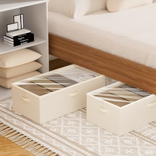 10inch 3 Pack Under Bed Storage Containers, 10 Inch Tall Underbed Clothes Storage Organizer Bin with Clear Window,Foldable Box Basket for Clothes, Closet, Bed Sheets and Blankets Beige