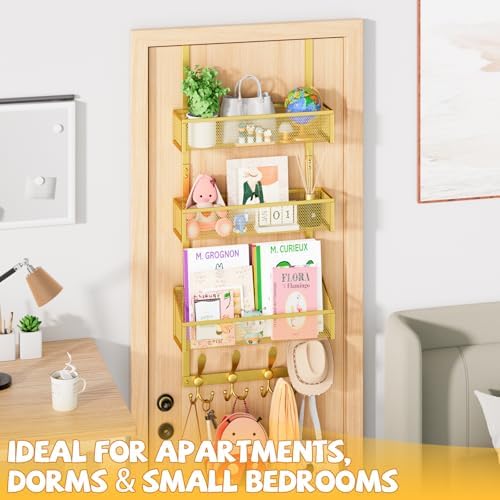 Kaiferty Over The Door Hooks Organizer, Coat Rack Over The Door Storage Hanger Towel Rack, Back of Door Storage Organizer for Bathroom,Bedroom,Kitchen,Office (Gold, 4-Tier)