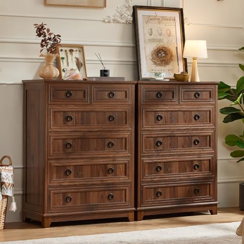 Joaxswe Farmhouse 6 Drawer Dresser for Bedroom, 41" Tall Chest of Drawers | Rustic Wood Dresser with Metal Handle, Storage Organizer Closet for Living Room, Hallway, Entryway, Brown