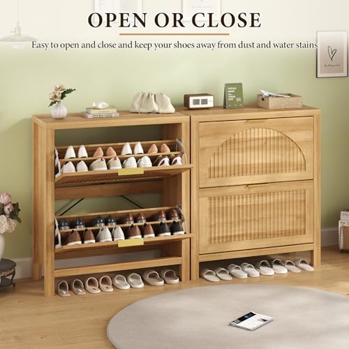 32" Fluted Shoe Cabinet Storage with 2 Flip Drawers for Entryway, Hallway