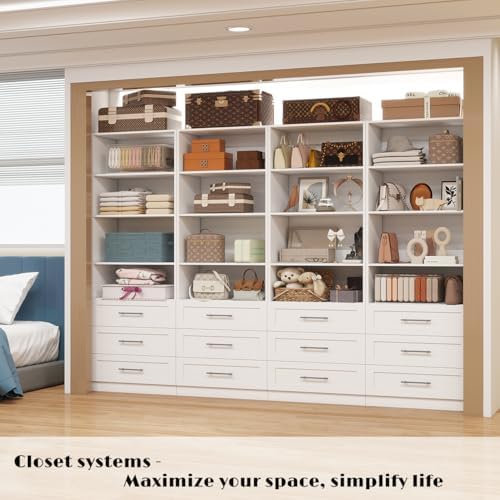 Closet Organizer System with Drawers Wood Closet Shelving System Small Walk in Closet Standalone Corner Closets Storage with Hanging Rods White (2FT)