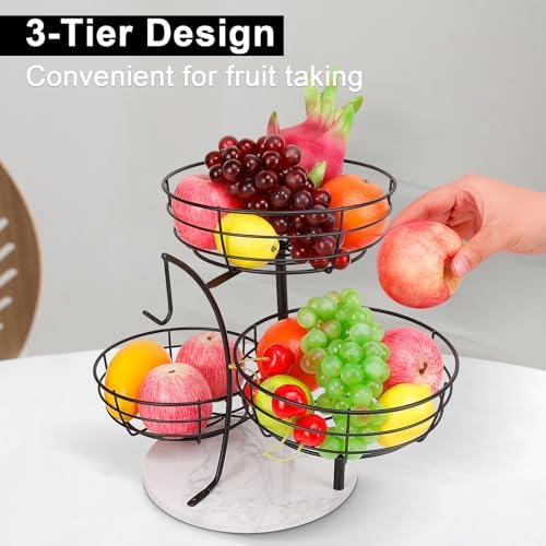 Livabber Fruit Basket Bowl with Banana Hanger, Metal Fruit Vegetable Storage Basket with Banana Holder for Kitchen Counter, Detachable Organizer for Bread Snack Produce (Black, 3-Tier Marble Base)
