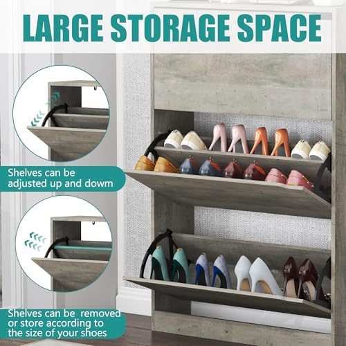 Wodeer Narrow Shoe Cabinet for Entryway, Slim Shoe Storage Cabinet with 3 Flip Drawers, Hidden Wood Shoe Cabinet Storage, Freestanding Shoe Rack Organizer Foyer, Hallway, Grey