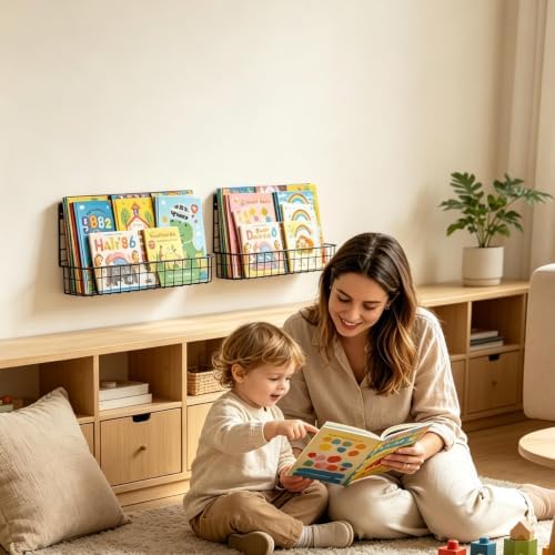 X-cosrack 4-Pack Wall Mounted Metal Kids Bookshelf, Floating Book Shelves for Kids Nursery Toddler Classroom, Hanging Book Shelf Organizer for Room Decor, Black