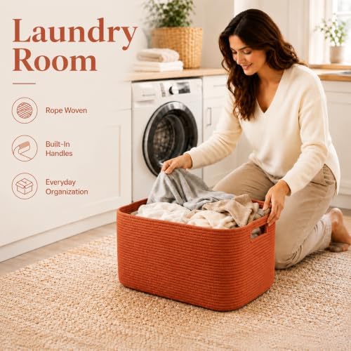 15.4GAL Rope Laundry Basket for Dorm, Cute Boho Square Woven Basket for Living Room Throws Pillow Blanket Storage, Short Dirty Clothes Hamper for Baby Girls Boys Toys Stuffed Animal Towel Terracotta