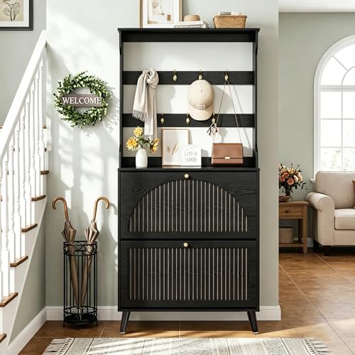 67.3'' Tall Shoe Cabinet with Coat Rack, Narrow Shoe Storage Cabinet with 2 Flip Drawers, 2-in-1 Hall Tree Slim Freestanding Shoe Rack Organizer for Entryway (Black, 2 Drawers- 67.32''H)