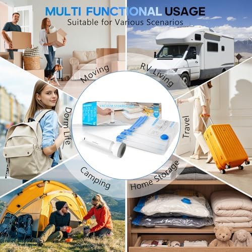 9 Pack Vacuum Storage Bags for Travel with Rechargeable Cordless Pump, Space Saver Bags for Clothes, Compression Packing Bags for Luggage and Suitcase, Blue
