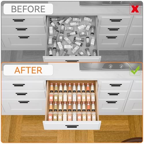 Yieach 8 Pack Adjustable In Drawer Spice Organizer - Expandable From 11" to 22" - Clear Acrylic Seasoning Organizer with Jars for Kitchen Drawer,Horizontal Tiered Kitchen Spice Organization & Tray