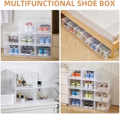 XX-Large Shoe Sneaker Storage Boxes for Size 14,Easy-to-Install Shoe Boxes, Thick and Stable, Stackable Shoe Boxes, Closet Organization (Clear White, XXL-8-pcs)