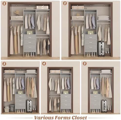 Besiost 4FT Small Closet System with 3 Fabric Drawers, 48'' Closet Organizer System With 3 Adjustable Shelves, Flexible Built-In Clothes Garment Rack for Small Space, 48" L x 13" W x 71" H, Grey