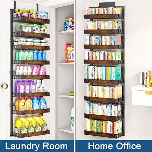 BUKFEN 8-Tier Over the Door Pantry Organizer, Adjustable Wooden Basket | Door & Wall Mounted Spice Rack, 16 Hooks, Heavy-Duty Metal Over Door Organization Storage for Kitchen, Bathroom, Closet
