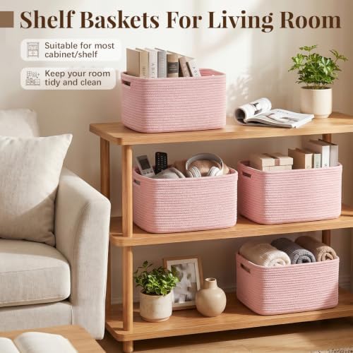 OIASKET 4Packs Natural Cotton Rope Storage Baskets for Organizing Toys, Clothes, Towels & Books, Soft Versatile Organizers for Shelves, Home Decorative Bins, 13''Lx9''Wx7.8''H, Pink