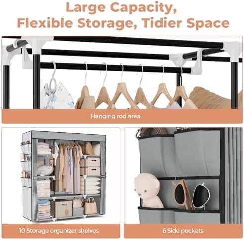 VTRIN Portable Closet Wardrobe for Hanging Clothes 57.3 Inch Large Capacity Clothes Rack with Cover, 10 Storage Organizer Shelves, 1 Hanging Rods and 6 Pockets, Free Standing Closet for Bedroom, Grey