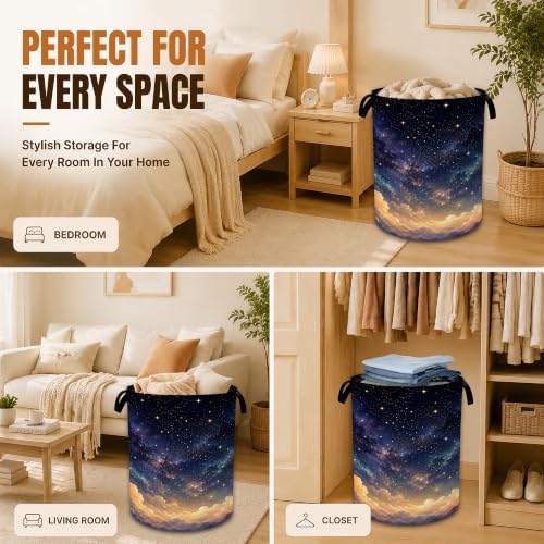 Starry Sky Laundry Hamper, Foldable Oxford Basket with Handles, Decorative Portable Laundry Basket Clothes Storage Bucket for Bathroom Laundry Room Bedroom Dorm,20.8x16 Inch