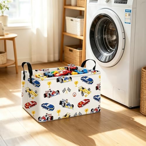 Rectangular Collapsible Laundry Basket with Side Handles, Race Car