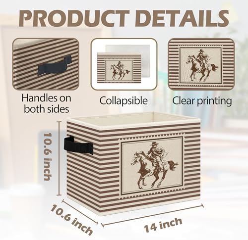 Vintage Western Cowboy Foldable Storage Bins Box with Handles, Western Country Cowboy Rodeo Horse Neutral Striped Collapsible Toys Books Clothes Organizer Basket for Bedroom Bathroom