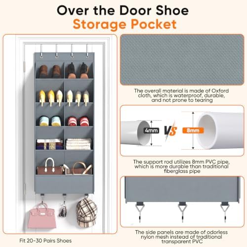 5 Tier Over the Door Shoe Organizer with 3 Bottom Hooks, Grey