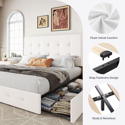 Allewie Full Size Storage Bed Frame with 4 Underbed Drawers, Soft White