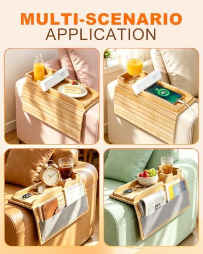 UCEC Bamboo Couch Caddy with Cup Holder, Foldable Sofa Arm Tray Couch Caddy | Anti-Slip Couch Armrest Table with Fabric Side Pocket, Couch Arm Table , Couch Remote Holder, Drink Organizer Sofa Arm Tray