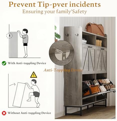 Wodeer Shoe Cabinet Storage for Entryway, Shoe Storage Cabinet with 4 Flip Drawers, Freestanding Narrow Shoe Rack Organizer with Metal Legs, Adjustable Shelves & Open Storage for Foyer, Hallway, Grey