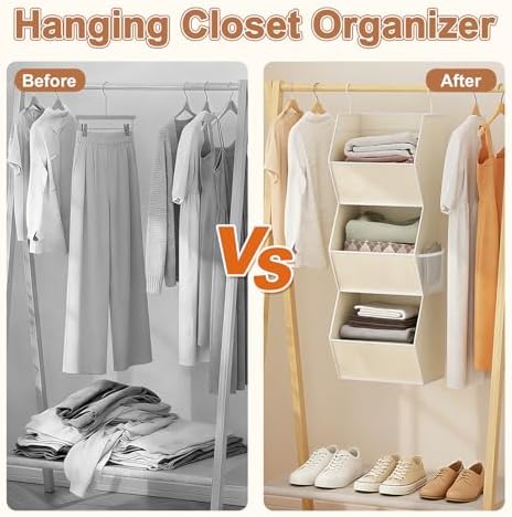 Hanging Closet Organizers and Storage for Kids Room Organization, 3 Tiers | Hanging Closet Shelves for Underwear Swimsuit Storage, Hanging RV Closet Organizers and Storage Camper Closet Organizer Beige
