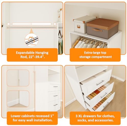 Closet System with Drawers, 2FT Closet Organize System with 3 Drawers & 2 Hanging Rods &for Walk in Closets, 24" Freestanding Closet System, White(VO-009)