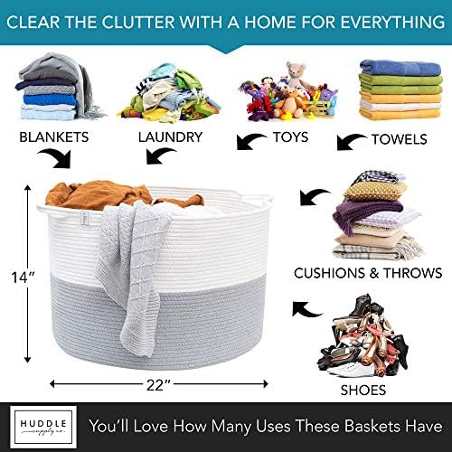 Huddle XXXLarge WASHABLE Blanket Basket for Living Room,Toys Storage, Baby | Woven Decorative Soft Cotton Rope Big Blanket Basket+Mini Basket for Nursery, Dog Toys, Storage, Organization Bins 22x14 Grey