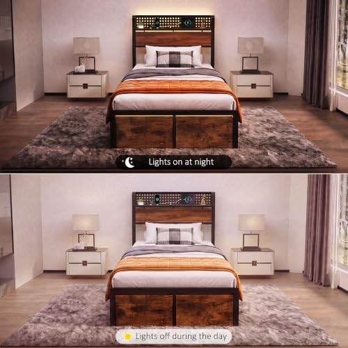 Twin Bed Frames with 2 Drawers, Platform Bed with LED Lights & Charging Station, Wood Headboard with Storage Shelve, Noise Free, Heavy Duty Metal Slats Support, No Box Spring Needed