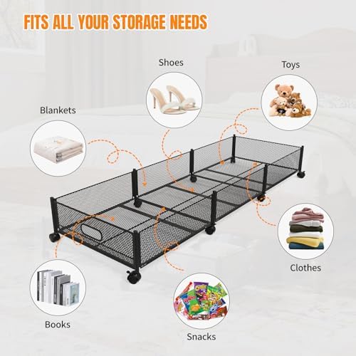 Under Bed Storage With Wheels, 47.2''/90lbs/57.6L, Metal Frame Under Bed Rolling Storage, Tool-Free Assembly Underbed Drawers, Underbed Organizer Containers for Shoes, Clothes and Toys