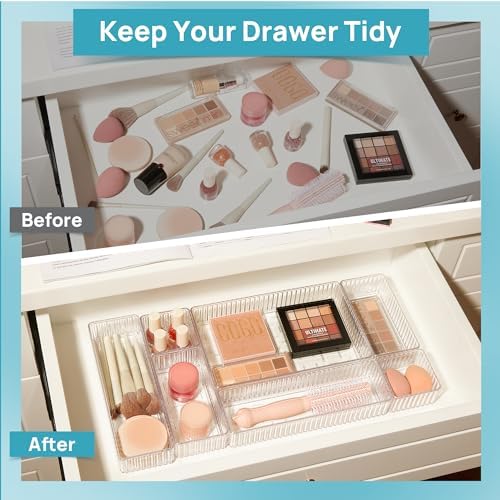 Vtopmart 7 PCS Clear Makeup Drawer Organizers Bins, 4-Size Stackable Makeup and Vanity Organizer Trays, Acrylic Bathroom Storage Containers for Cosmetic, Toiletries, Office Supply, Utensils, Gadgets