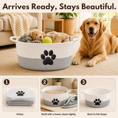 Dog Toy Basket with Handles, Grey Cotton Rope Storage Bin Organizer