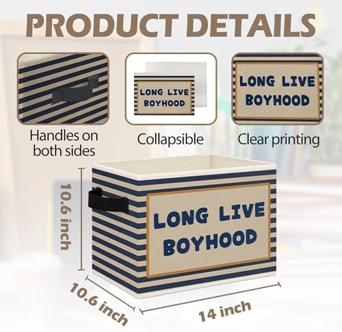 Long Live Boyhood Boys Foldable Storage Bins Box with Handles, Retro Blue Striped Collapsible Toys Books Clothes Organizer Basket for Kids Boy Nursery Room Bedroom Bathroom Playroom