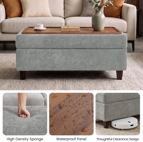GENTEACO 45" Ottoman Coffee Table with Storage, Reversible Wooden Tray Top, Large Chenille Upholstered Ottoman, Hidden Storage Foot Rest Bench for Living Room, Bedroom, Entryway,Light Gray