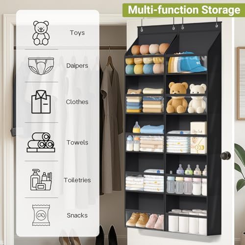 AOODA 2 Pack Over the Door Organizer, Large Capacity Closet Door Hanging Organizer, Clear Deep Pockets Baby Storage for Nursery, Bathroom, Bedroom, Pantry, Diapers (Black)