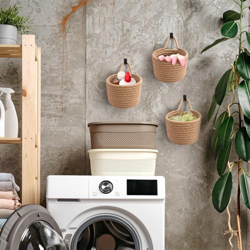 Fabric Wall Hanging Baskets, 3 Pack Woven Boho Pouches (Linen & Black) | Wall Small Bags with Adhesive Hooks, Linen Rope, Boho Decorative Organizers, Hanging Storage Bag Baskets for Door Rack RV