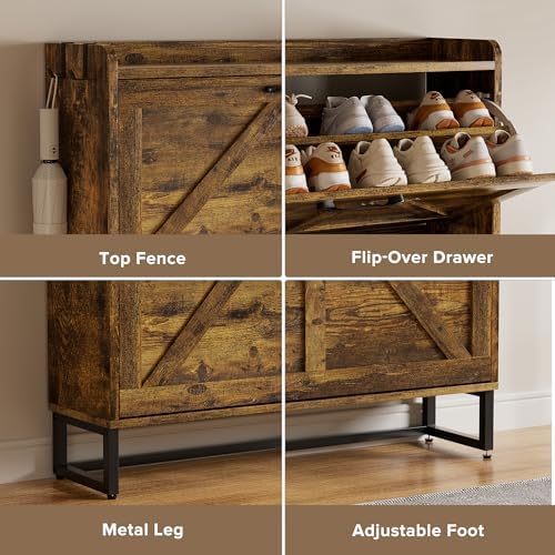 EOYUTLLY Shoe Cabinet Storage for Entryway, Narrow Shoe Rack with 3 Flip Drawers, Freestanding Hidden Shoe Rack Storage Organizer, Slim Shoe Cabinet Rustic Brown with Metal Legs