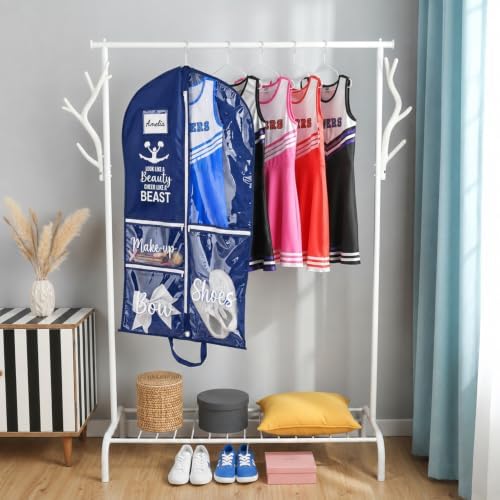 DEEKA Cheer Garment Bag for Hanging Clothes with Zipper Pockets Cheer Accessories Mom Essentials Uniform Costume 40 Inch Black Bags Stuff for Cheerleading Girls (Navy Blue,White-Cheer Quote)