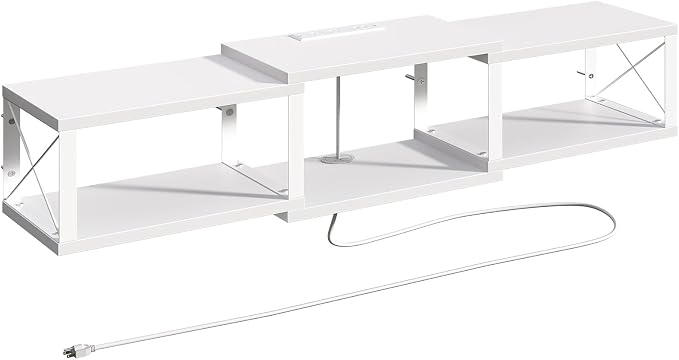 MAHANCRIS 43.7” Floating TV Stand with Power Outlet, Wall-Mounted Entertainment Center, Floating Metal Frame Media Console Shelf for Under TV Storage, for Living Room, Bedroom, White TVBW101E01