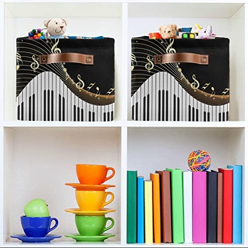 Music Piano Keyboard Note Storage Bin Kids Women Canvas Compressible Organizer Storage Cube with Handle Storage Basket Box for Bedroom Closet Shelves 2PCS