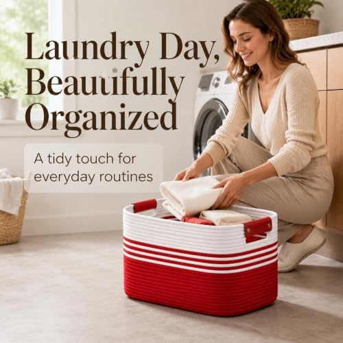 12.8GAL Kids Stuffed Animal Toy Storage Organizer, Cute Mini Nursery Laundry Basket for Baby Girls Boys Dirty Clothes, Picture Books, Small Cotton Rope Wicker Hamper for Bathroom Towels White Red