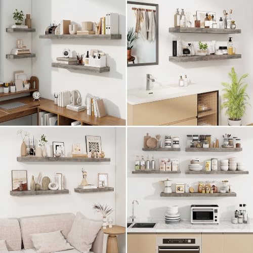 Floating Shelves for Wall, Wall Mounted Wood Shelves, Grey, Set of 2, 32in | Wood Floating Shelf with Invisible Brackets for Living Room, Bathroom, Bedroom, Kitchen, Hanging Shelf for Storage and Decor