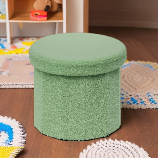 B FSOBEIIALEO Storage Ottoman Cube, Round Ottomans with Storage Foot Stool Footrest for Lving Room, Boucle Ottoman Seat for Dorm Room,Faux Teddy Fur, Green 15"x15"x13.19"